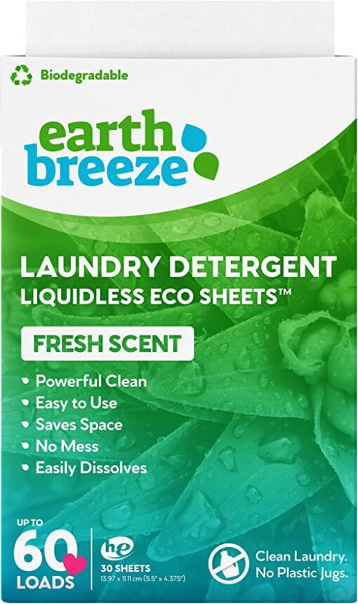 Earth Breeze Laundry Detergent Sheets - Fresh Scent - No Plastic Jug (60 Loads) 30 Sheets, Liquidless Technology